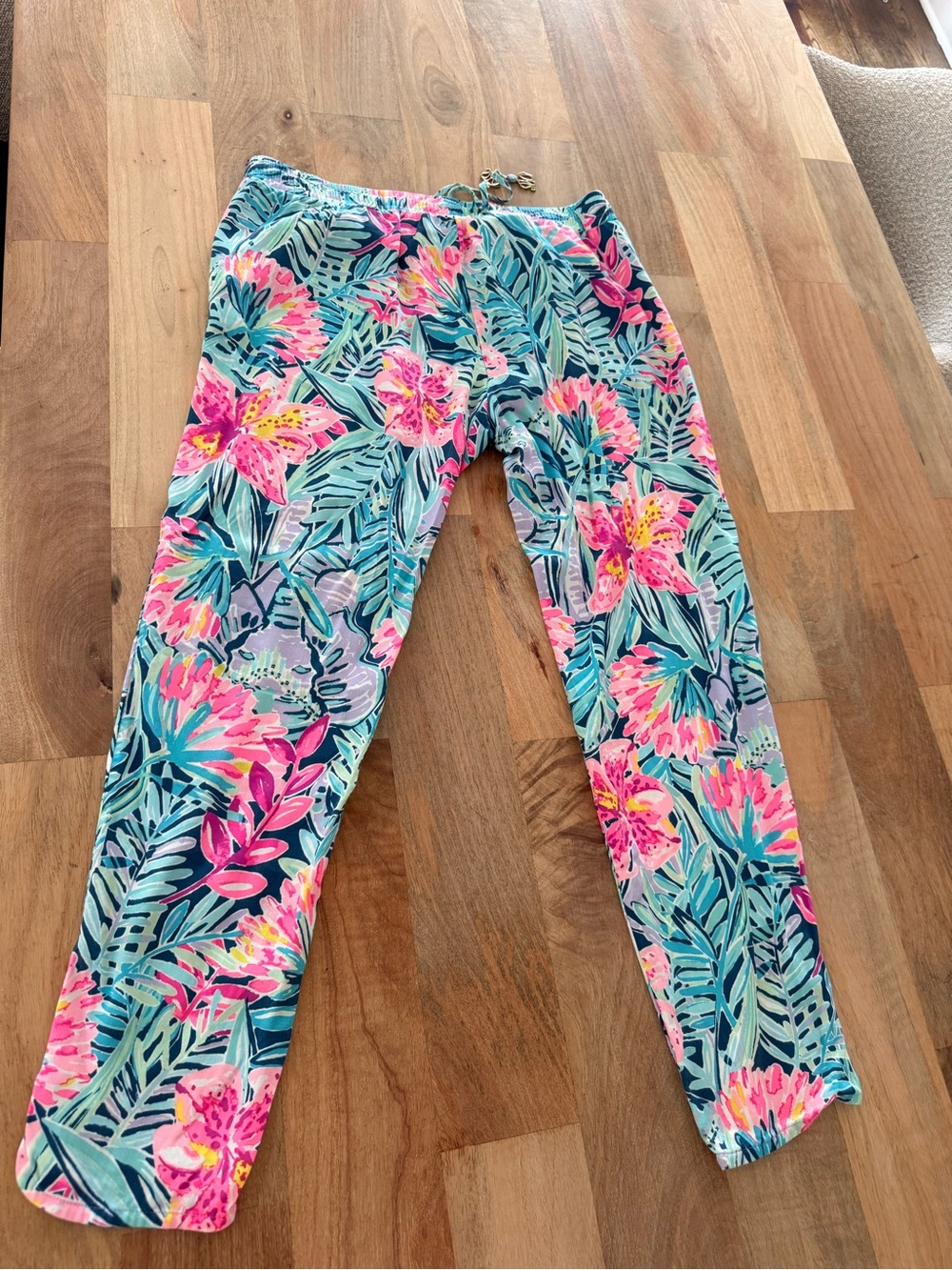 Lilly Pulitzer Girls Floral Leaf Print Leggings - Pink & Teal